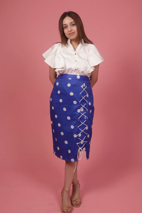 Blue Polka Skirt With Ruffle White Top